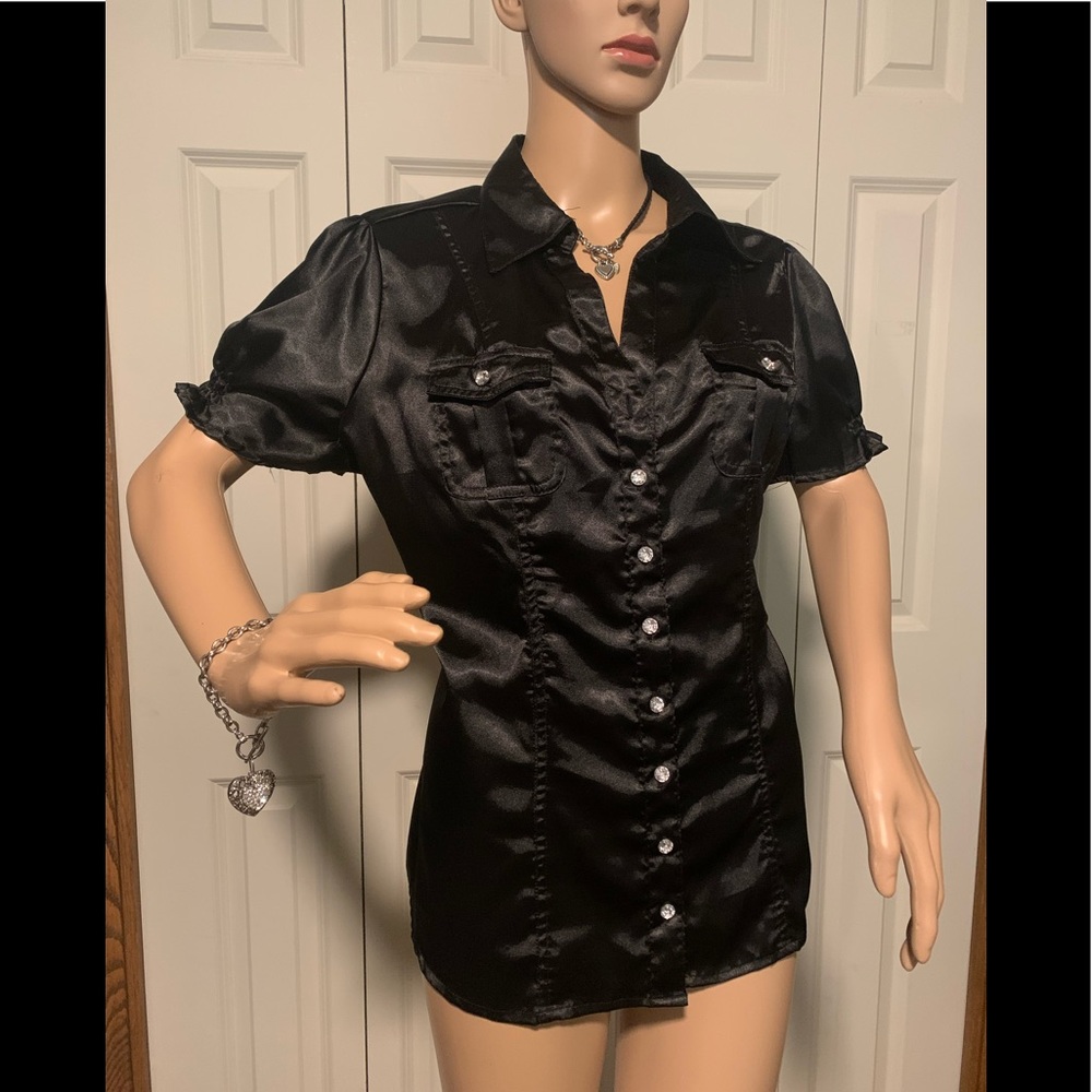 Silky black short sleeve shirt with bright crystal like buttons